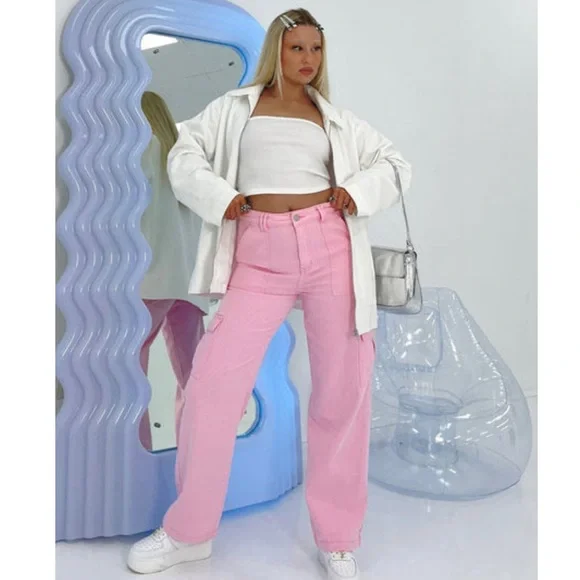 Pink Wide Leg Cargo Jeans - Picture 1 of 6
